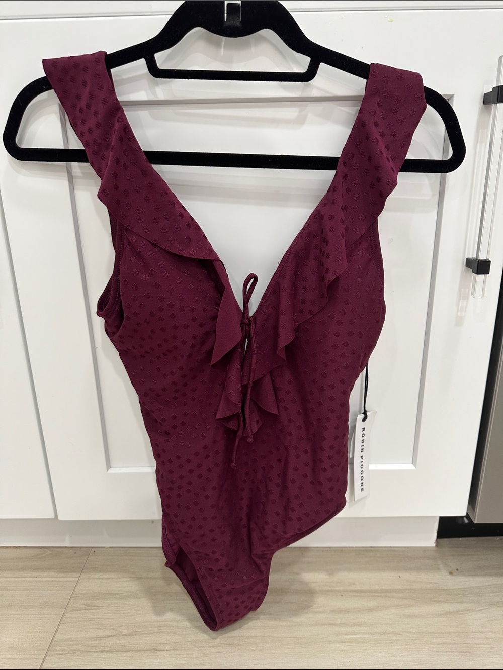 ROBIN PICCONE Women’s Deep Plum Ruffle-Front Bathing Suit